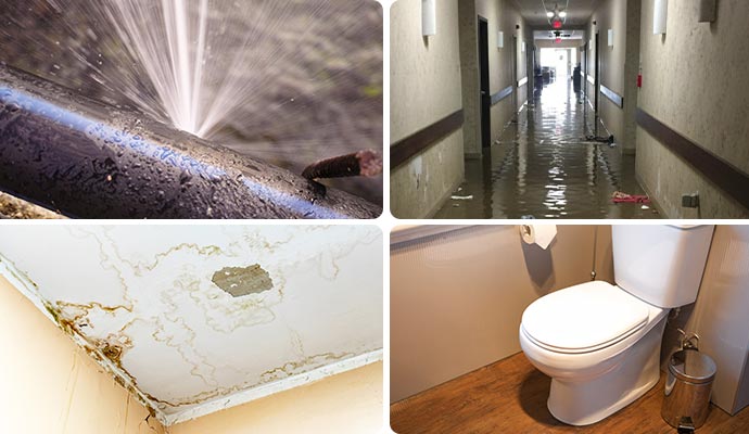 Collage of a broken pipe, a flooded hotel hallway, a damaged ceiling and a clean toilet