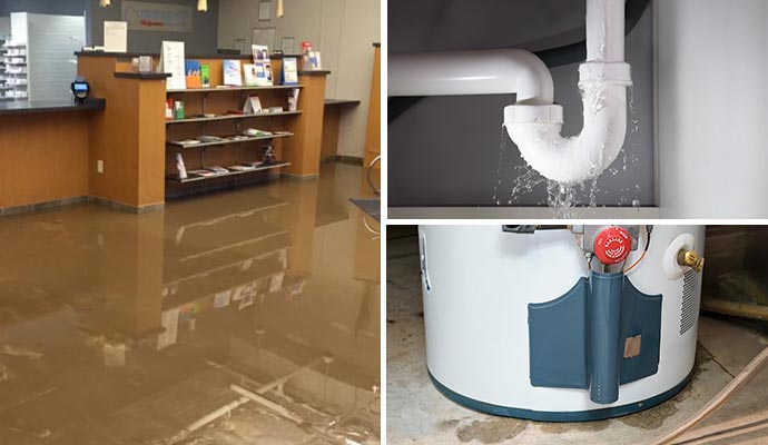 collage-of flooded room, plumbing leak and appliance leak