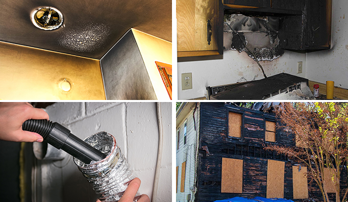 Collage of smoke damaged wall, fire damaged property, duct cleaning and boarded up house
