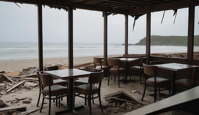 Damaged restaurant after a natural disaster