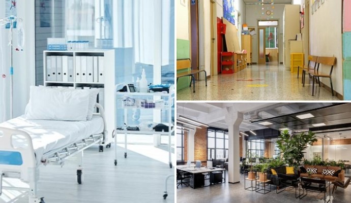 Collage of clean hospital, school corridor and office space
