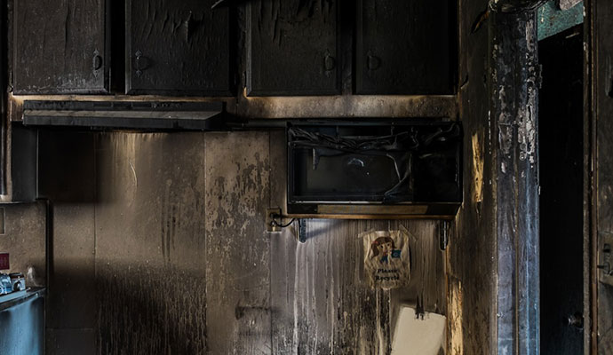 Smoke and soot damage in kitchen Smoke and soot damage in kitchen