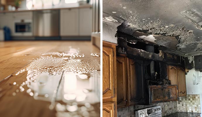 Collage of water damaged kitchen floor and fire damaged kitchen