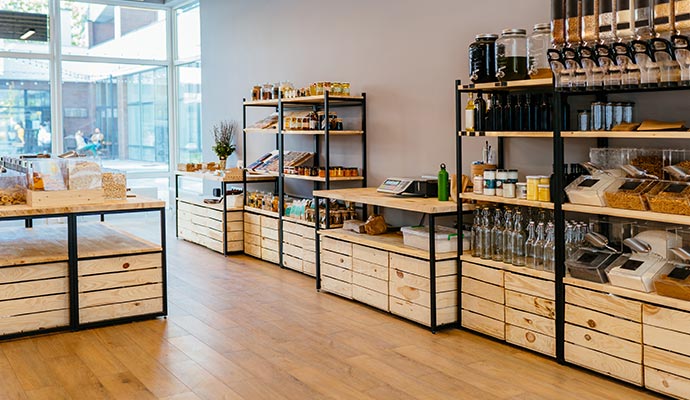 Interior of a modern retail store with organized shelves