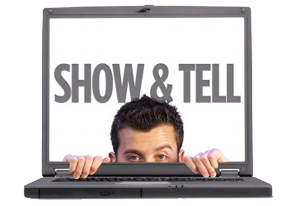 Show and Tell the top of a man's head peeking out from inside a computer screen