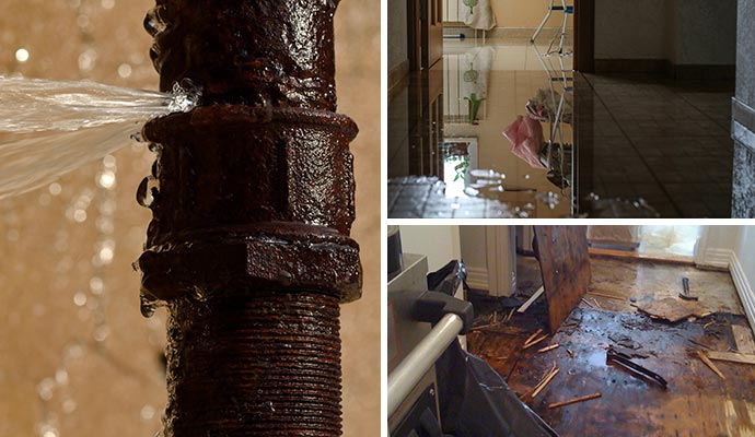 Collage of plumbing leakage and flood water damage