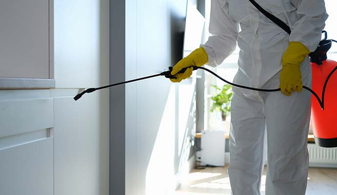A professional with full hazmat suits disinfecting residential house floor