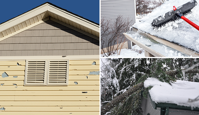 Collage of hail, snowstorm and tree damaged house