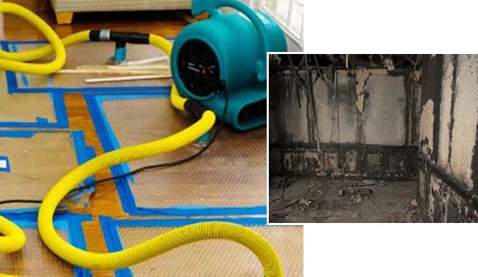 Collage of water damage restoration and a fire damaged room